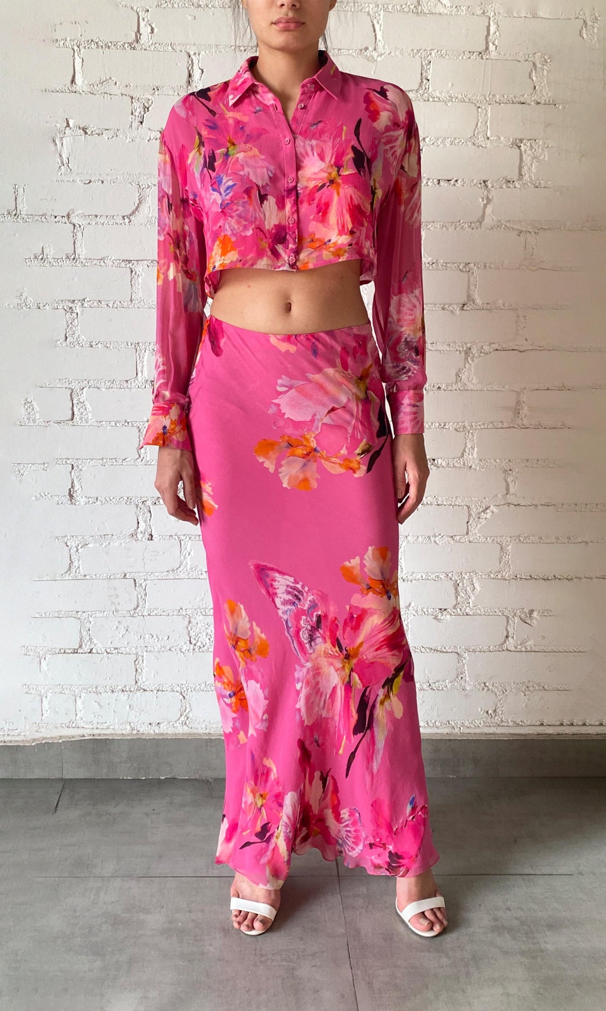 Rococo Sand | Quin Viscose Crinkle Chiffon Long Skirt | Pink