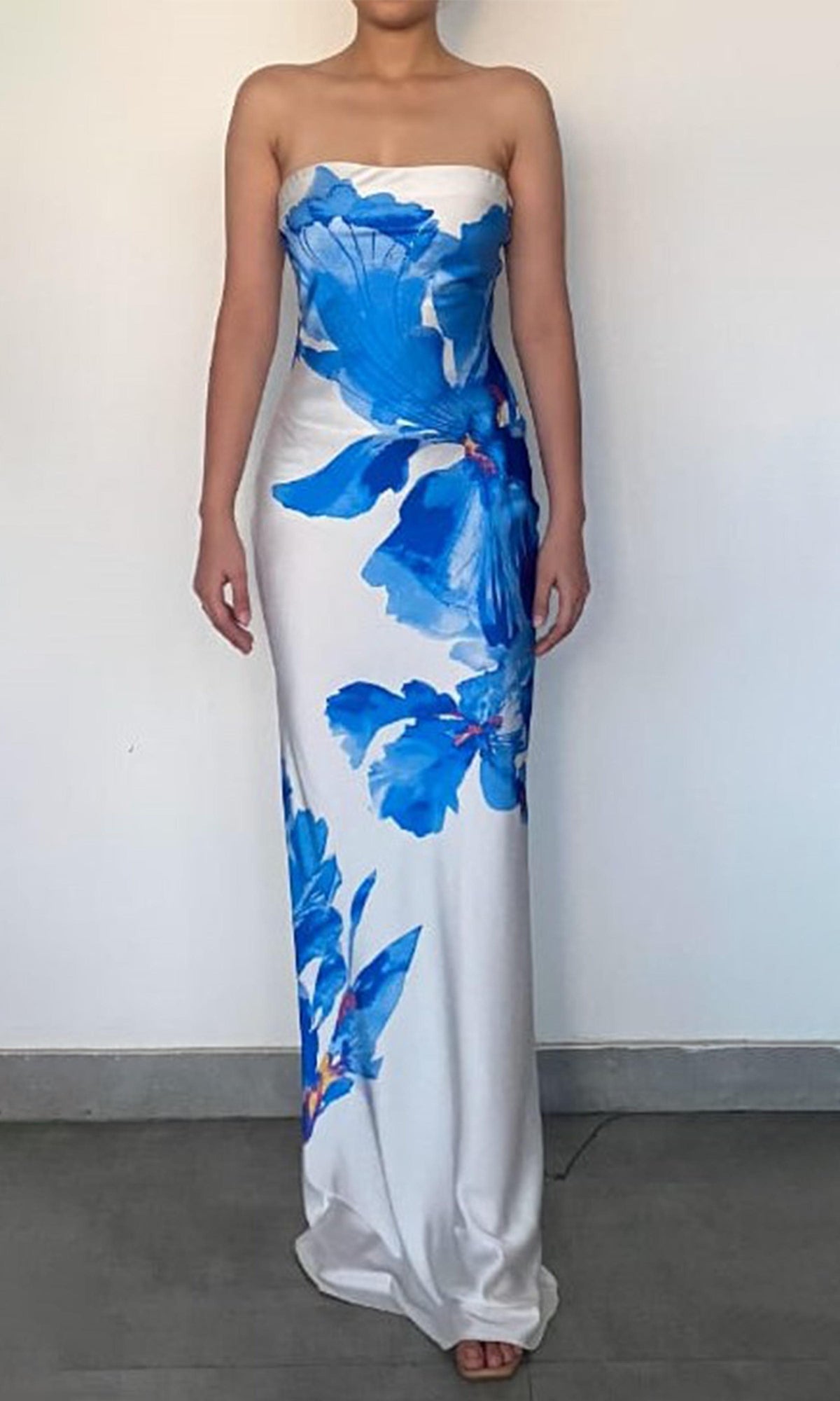 Rococo Sand | Quin Polyester Satin Lycra Maxi Strapless Dress | Blue/White