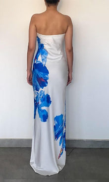 Rococo Sand | Quin Polyester Satin Lycra Maxi Strapless Dress | Blue/White