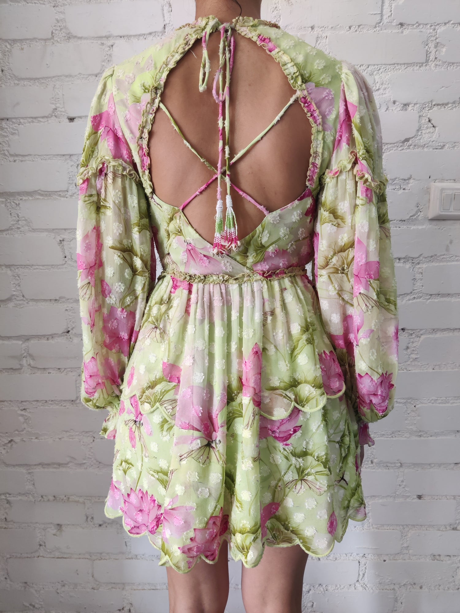 Rococo Sand | Ren Round-Neck Short Dress | Green/Lotus