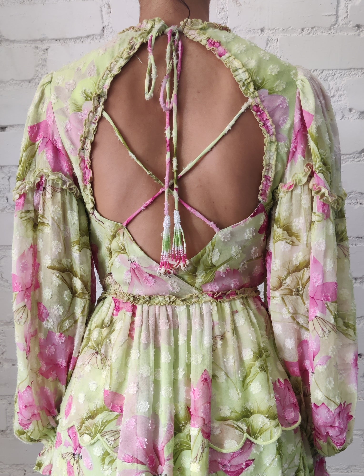 Rococo Sand | Ren Round-Neck Short Dress | Green/Lotus