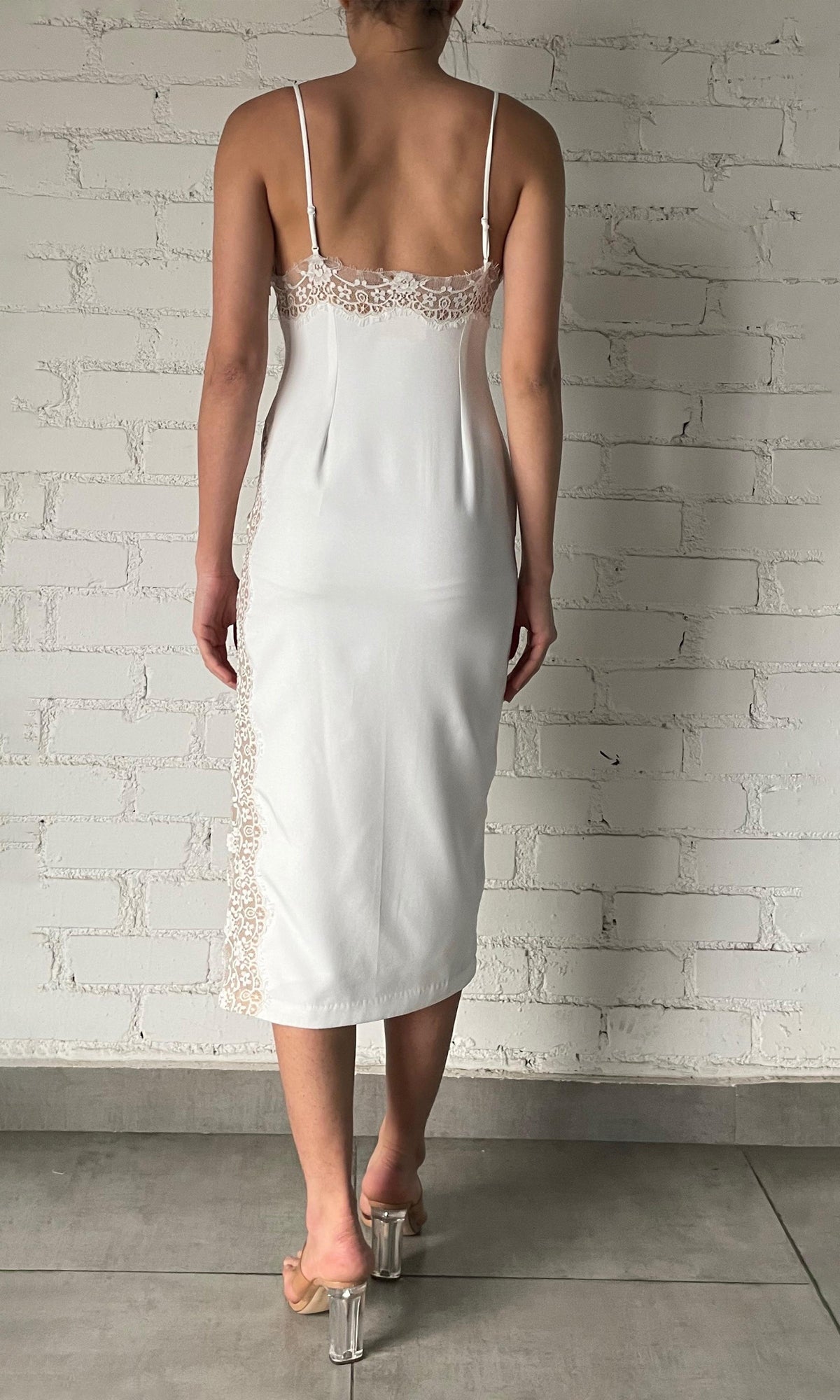 Rococo Sand | Rita Polyester Heavy Crepe Lace Insert Midi Dress | White