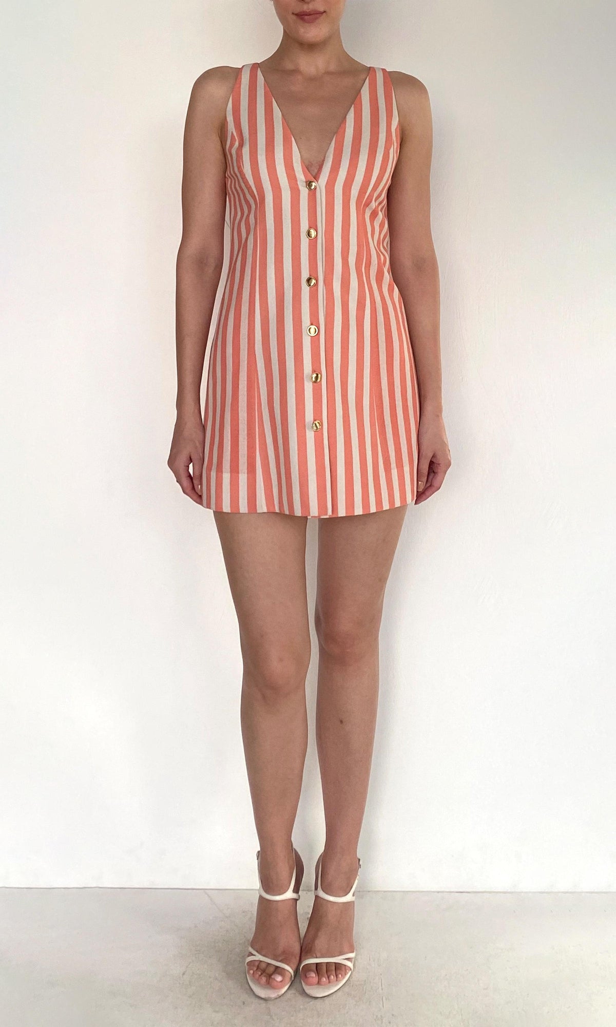 Rococo Sand | Riv Linen Cotton Front Button Open Mini Dress | Coral