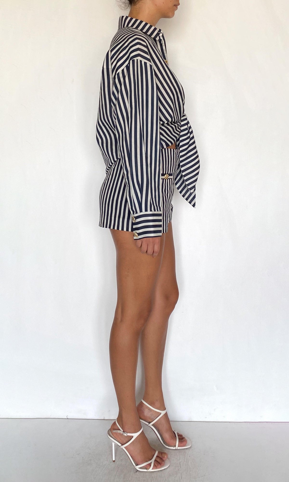 Rococo Sand | Riv Linen Cotton Front Tie Crop Shirt | Blue