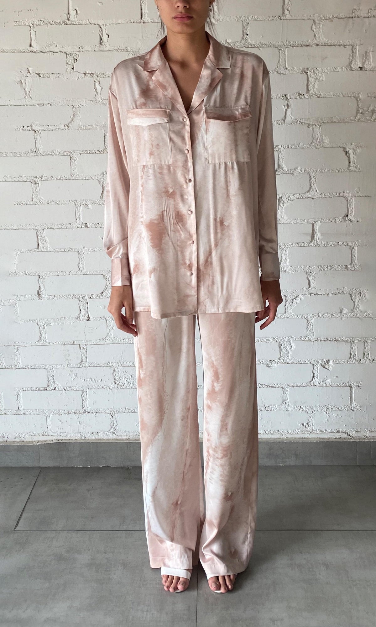 Rococo Sand | Ryan Polyester Satin Lycra Tie-Dye Trouser | Light Brown