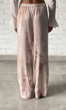 Rococo Sand | Ryan Polyester Satin Lycra Tie-Dye Trouser | Light Brown