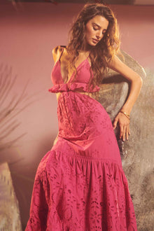 Cotton Schiffli Long Dress | Pink