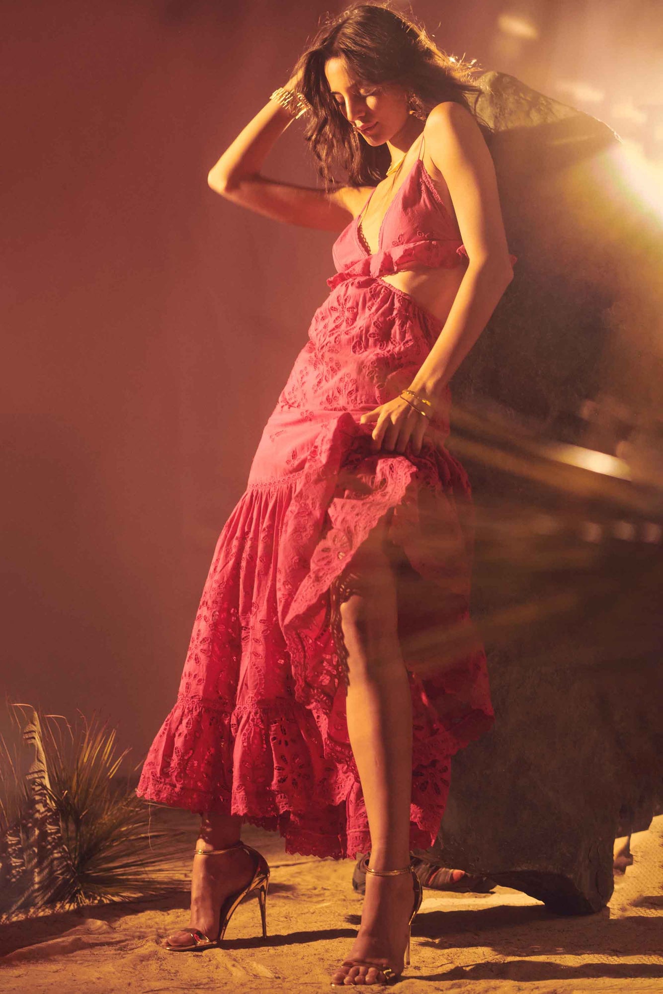 Cotton Schiffli Long Dress | Pink