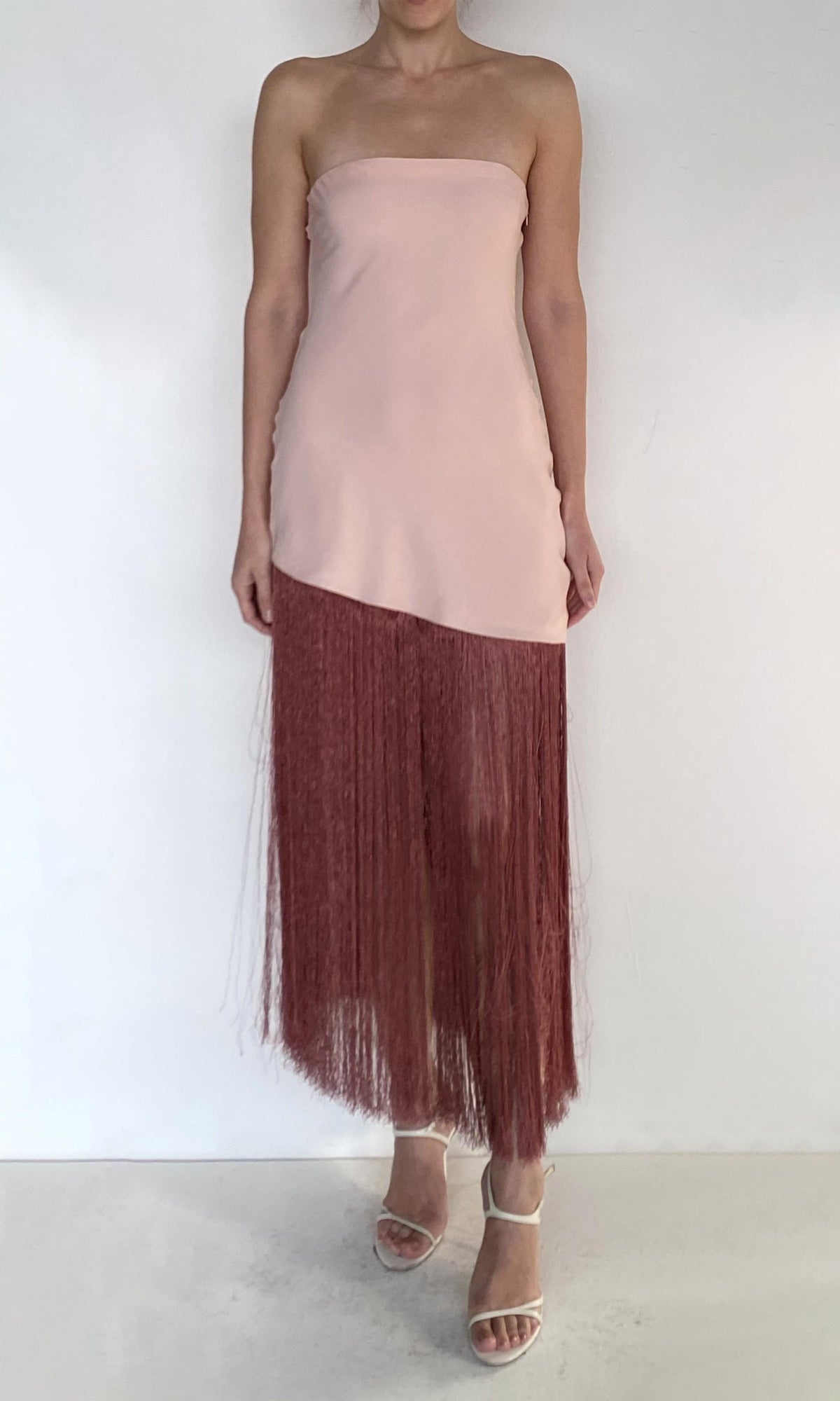 Rococo Sand | Shae Viscose Heavy Crepe Fringed Maxi Dress | Pink