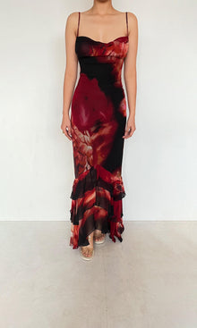 Rococo Sand | Shia Viscose Crinkle Chiffon High Low Maxi Dress | Black Pink Multi