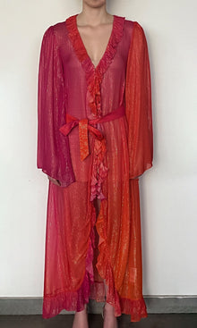 Rococo Sand | Skye Thin Gold And Silver Stripe Lurex Georgette Cape | Pink Ombre