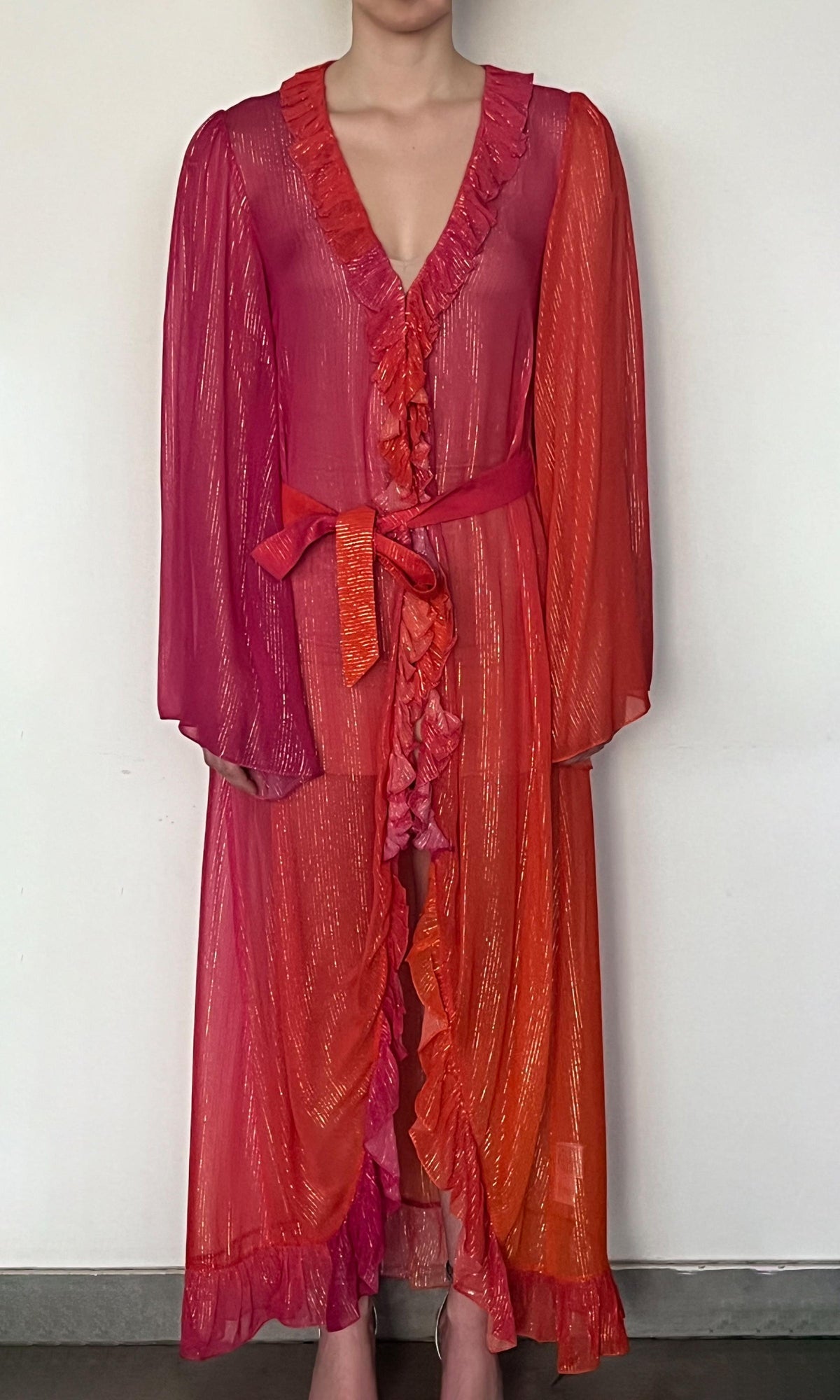 Rococo Sand | Skye Thin Gold And Silver Stripe Lurex Georgette Cape | Pink Ombre