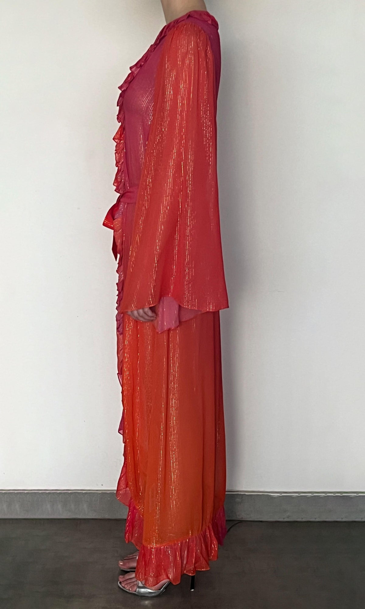 Rococo Sand | Skye Thin Gold And Silver Stripe Lurex Georgette Cape | Pink Ombre