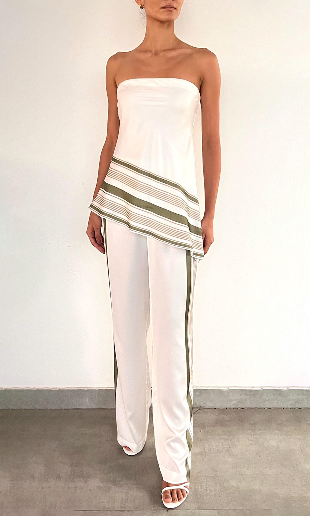 Rococo Sand | Taio Polyester Satin Lycra Asymmetrical Strapless Top | Off-White Green