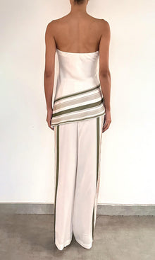 Rococo Sand | Taio Polyester Satin Lycra Asymmetrical Strapless Top | Off-White Green