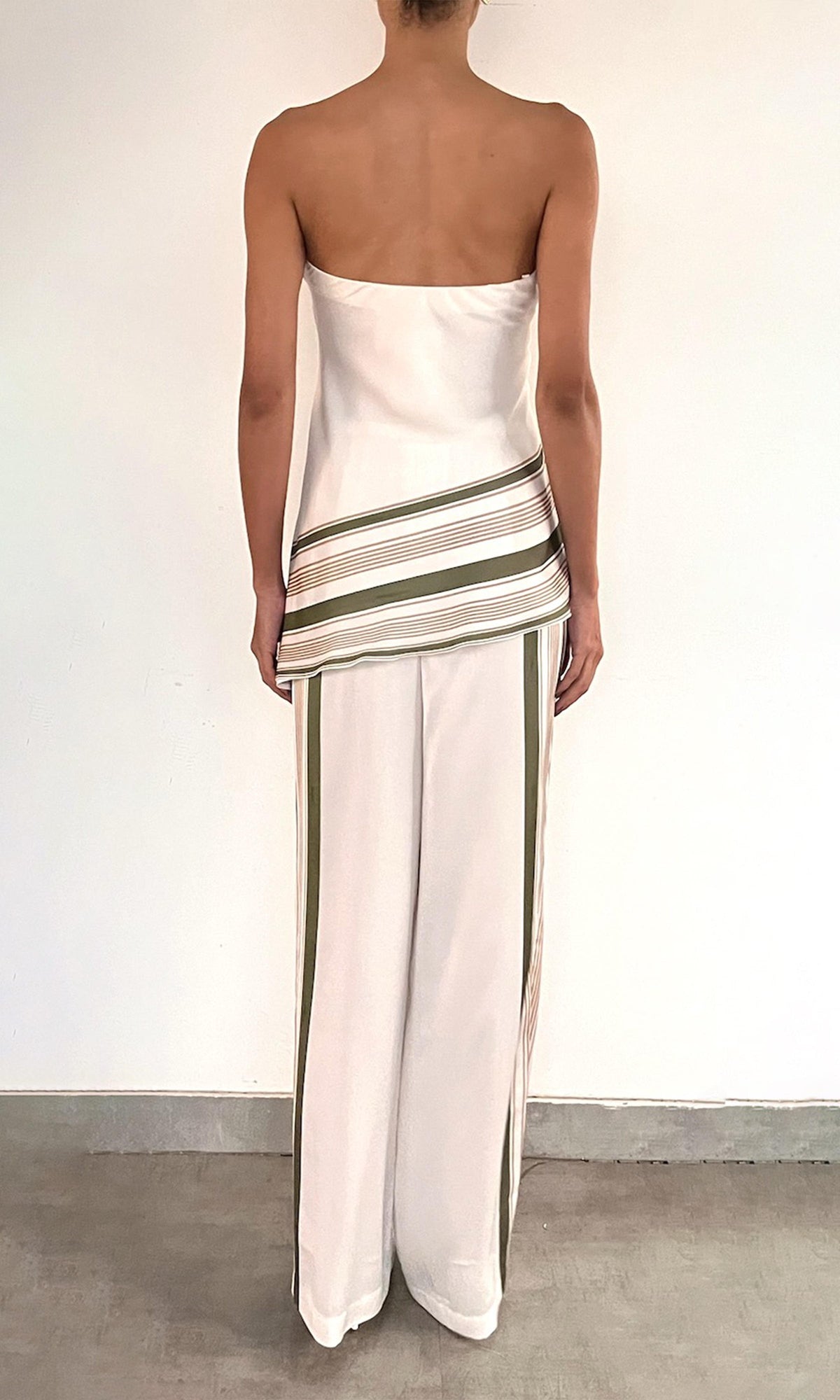 Rococo Sand | Taio Polyester Satin Lycra Asymmetrical Strapless Top | Off-White Green