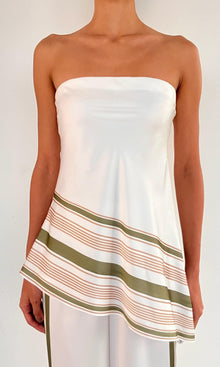 Rococo Sand | Taio Polyester Satin Lycra Asymmetrical Strapless Top | Off-White Green