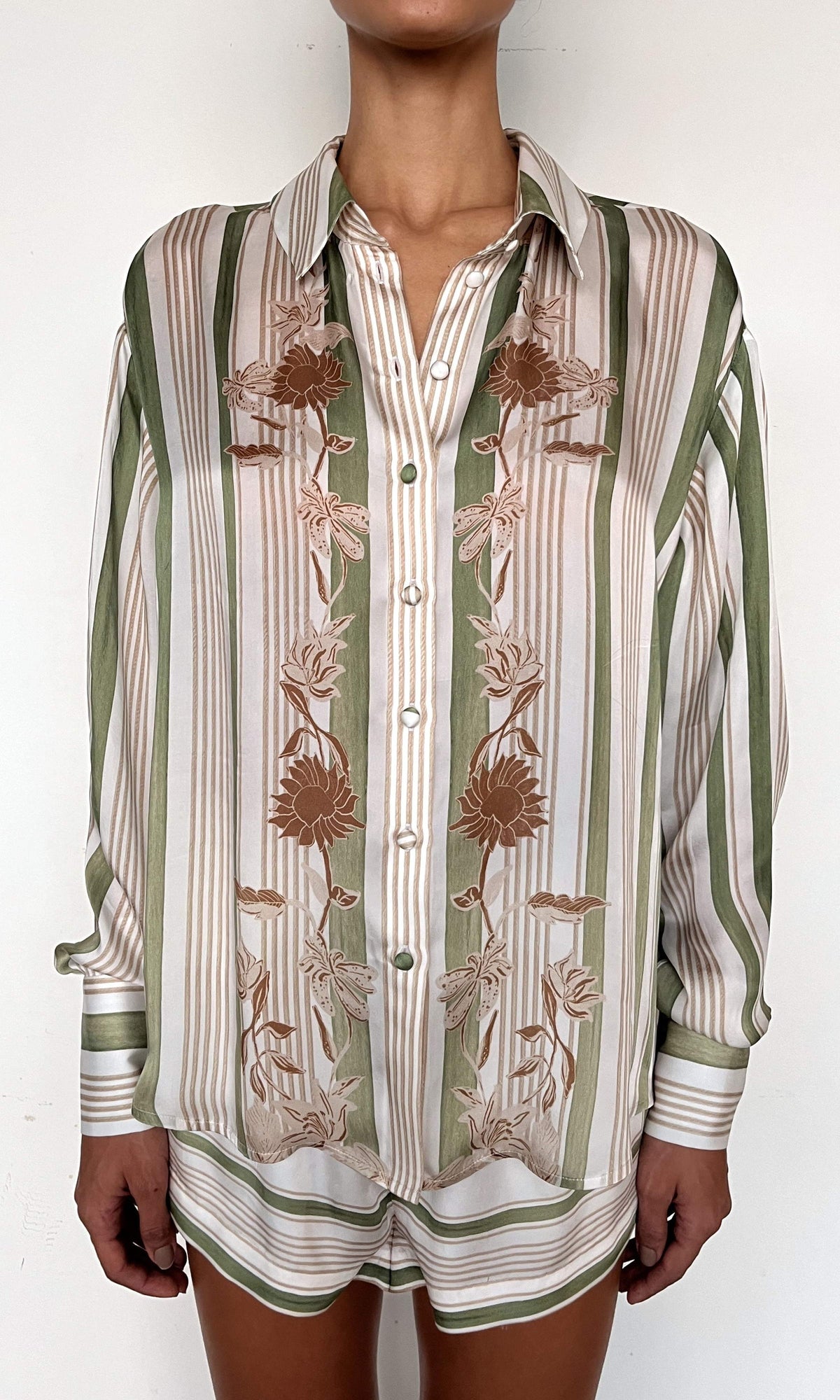 Womens | Taio Viscose Satin Over Sized Shirt | Off-White Green