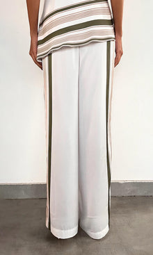 Rococo Sand | Taio Polyester Satin Lycra Elasticated Pyjama Pants | Off-White Green