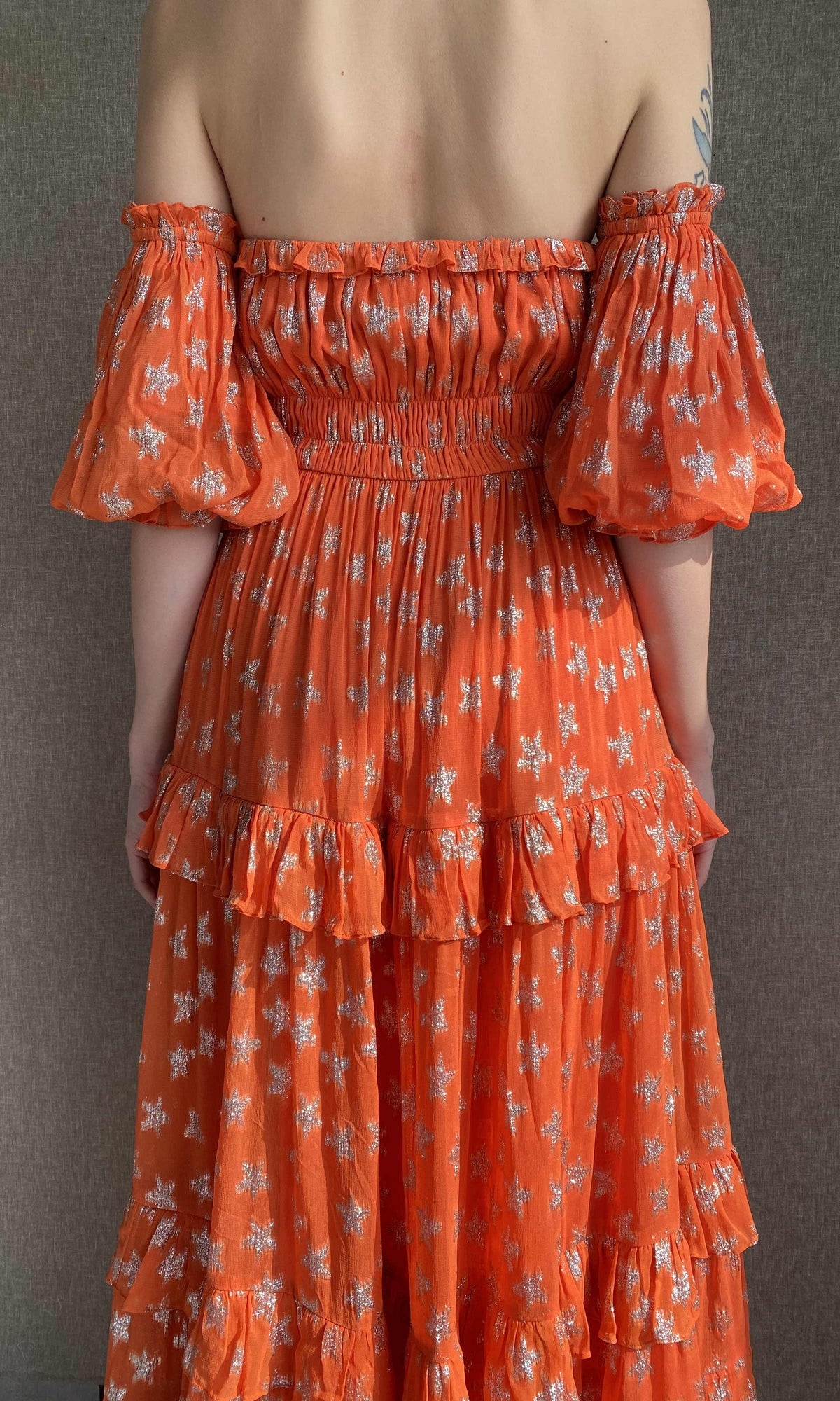Womens | Vega Viscose Georgette Star Lurex Long Dress | Orange