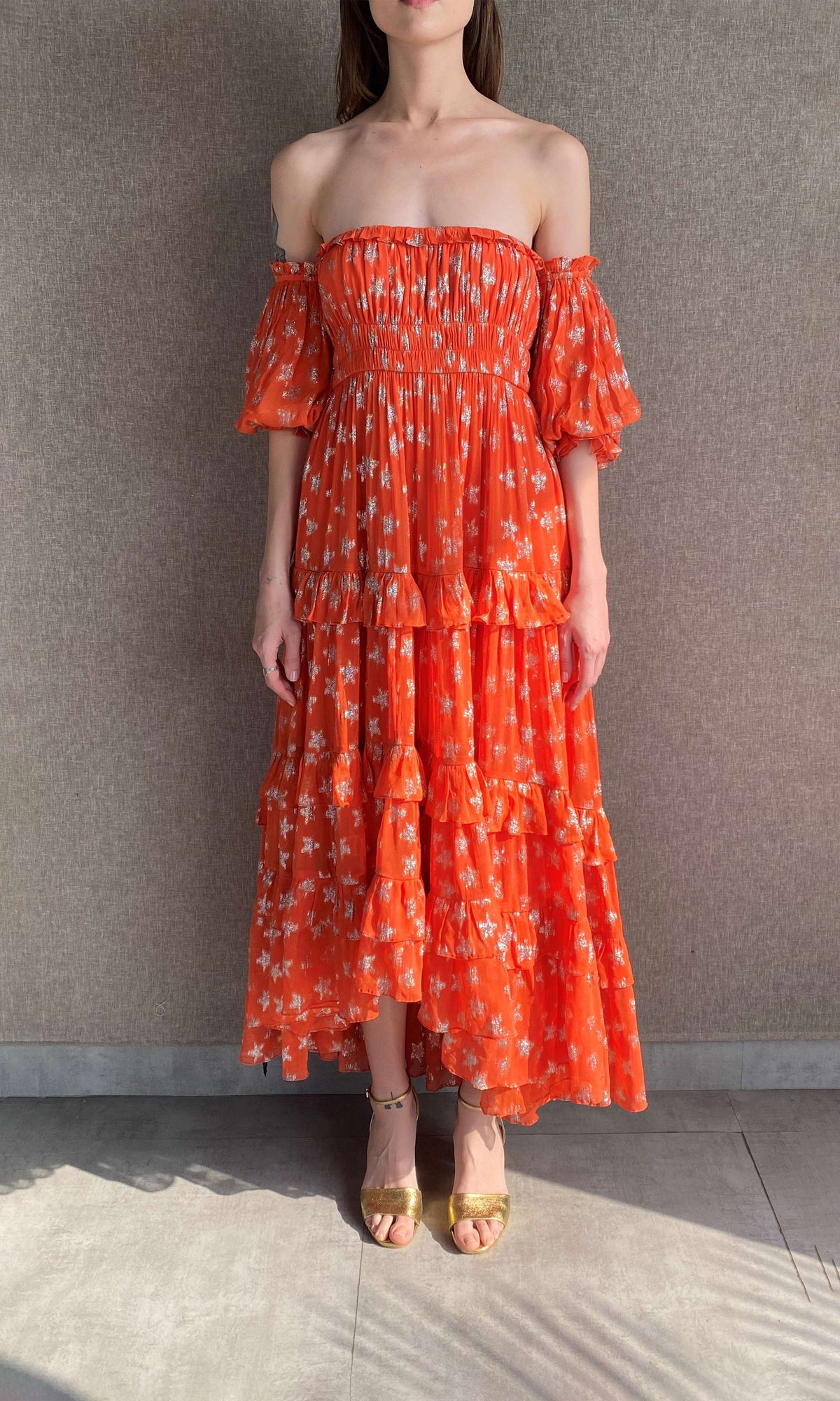 Womens | Vega Viscose Georgette Star Lurex Long Dress | Orange