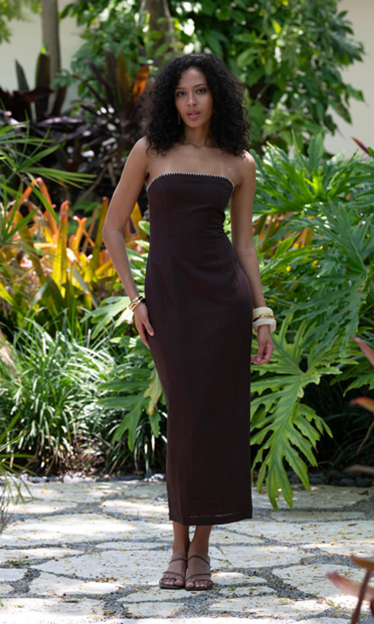 Womens | Zin Linen Cotton Strapless Maxi Dress | Brown