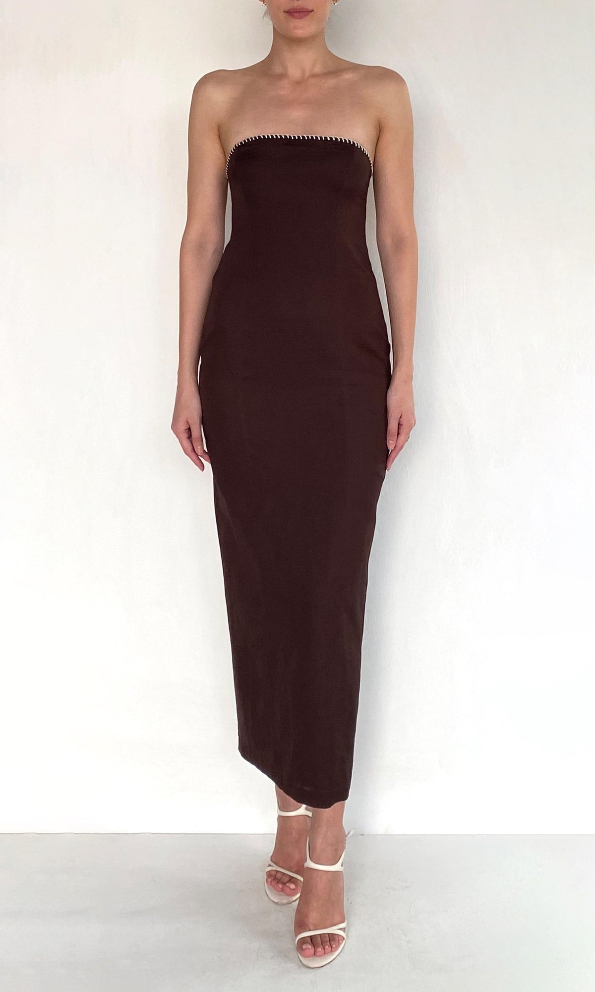 Womens | Zin Linen Cotton Strapless Maxi Dress | Brown