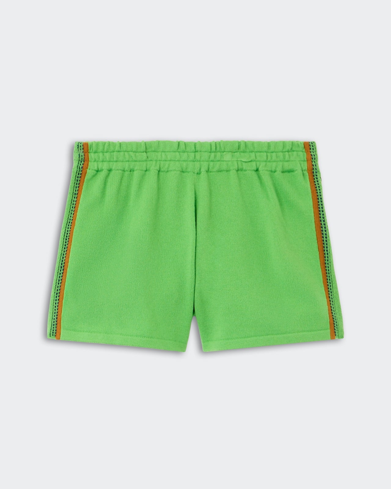 Runner Short - Match Point, vibrant green casual shorts featuring contrasting orange and navy blue side trim, an elastic waistband for a snug fit, and a straight cut for easy movement.