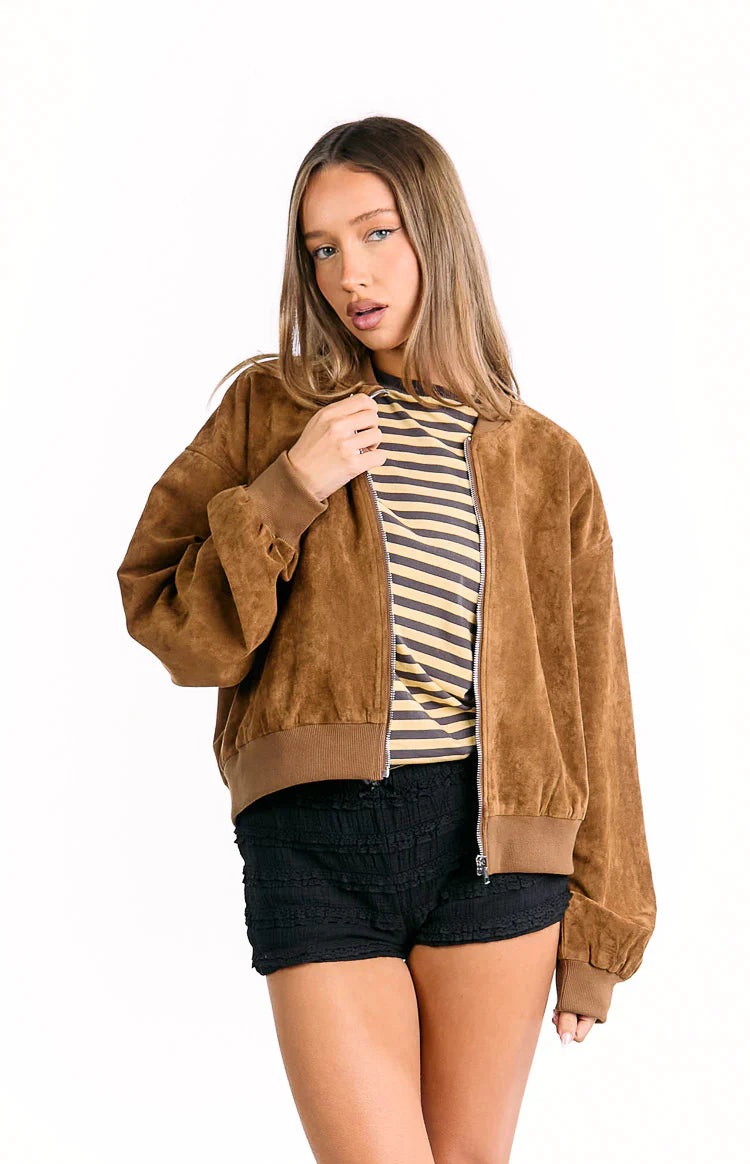 Rebecca Cuffed Suedette Bomber Jacket | Tan