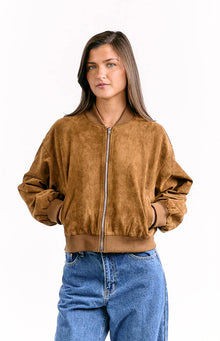 Rebecca Cuffed Suedette Bomber Jacket | Tan