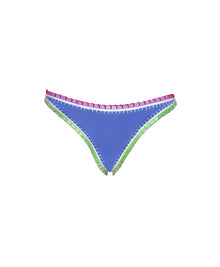 Blue bikini bottom with colorful trim on a white background