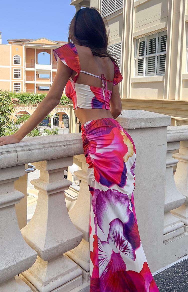 Romantic Rose Floral Print Maxi Skirt | Pink