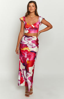 Romantic Rose Floral Print Maxi Skirt | Pink