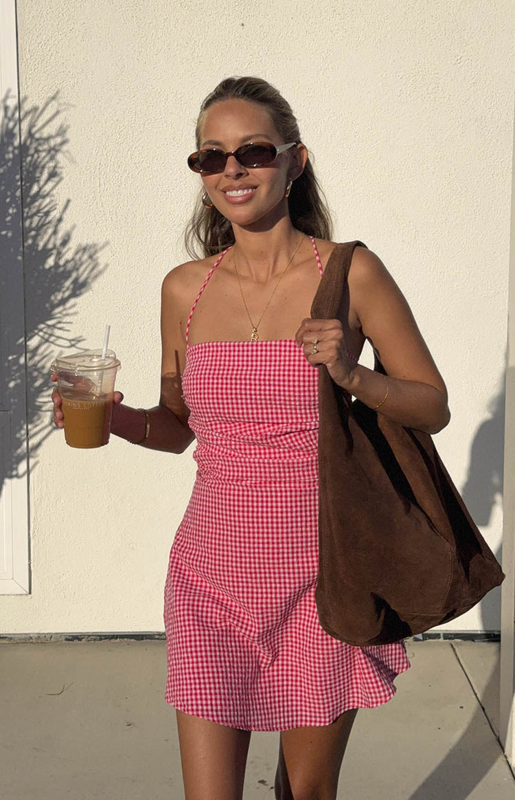 Beginning Boutique Rylan Red Gingham Mini Dress red gingham halter neck square neck mini dress with ruched sides