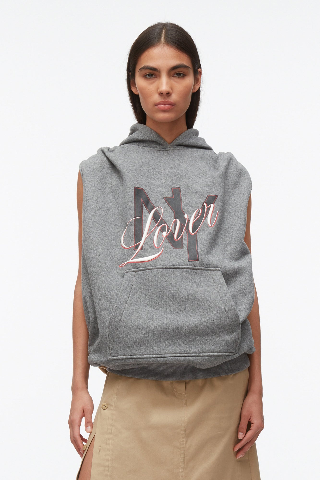 NY Lover Reversible Sleeveless Hoodie | Medium Heather Grey/Khaki