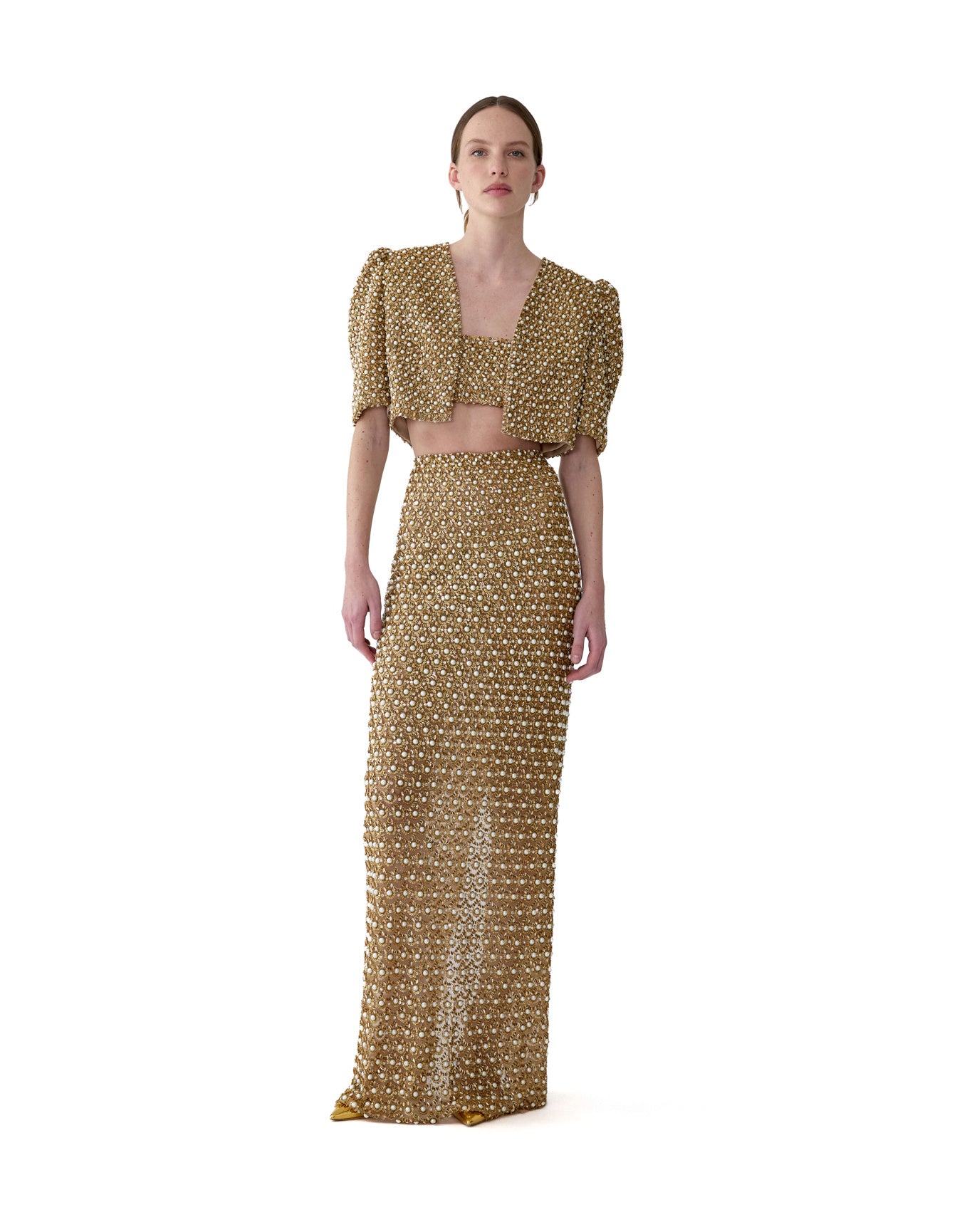 Embroidered Column Skirt | Gold