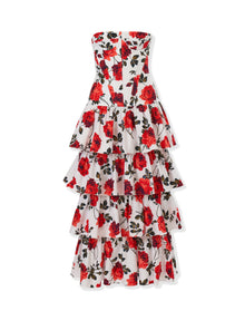 Strapless Corseted Tiered Ruffle Dress | White Multi