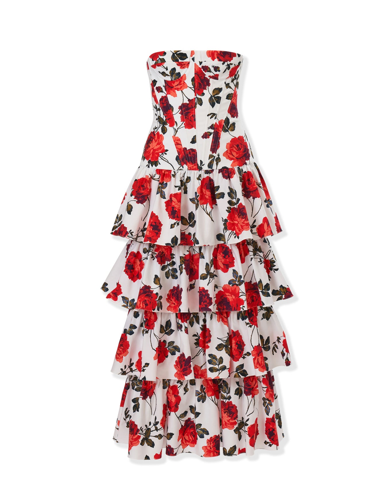 Strapless Corseted Tiered Ruffle Dress | White Multi