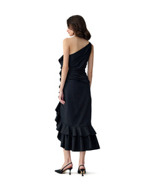 One Shoulder Ruched Midi Dress With Ruffle | Black