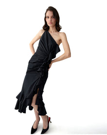 One Shoulder Ruched Midi Dress With Ruffle | Black