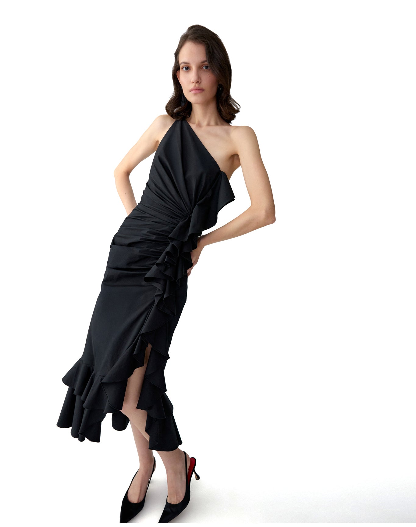 One Shoulder Ruched Midi Dress With Ruffle | Black