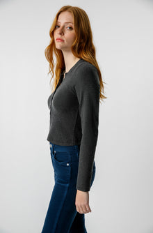 AMO Denim Sassy Rib Henley in Black Heather