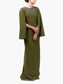 Stretch Crepe Cape Gown | Green