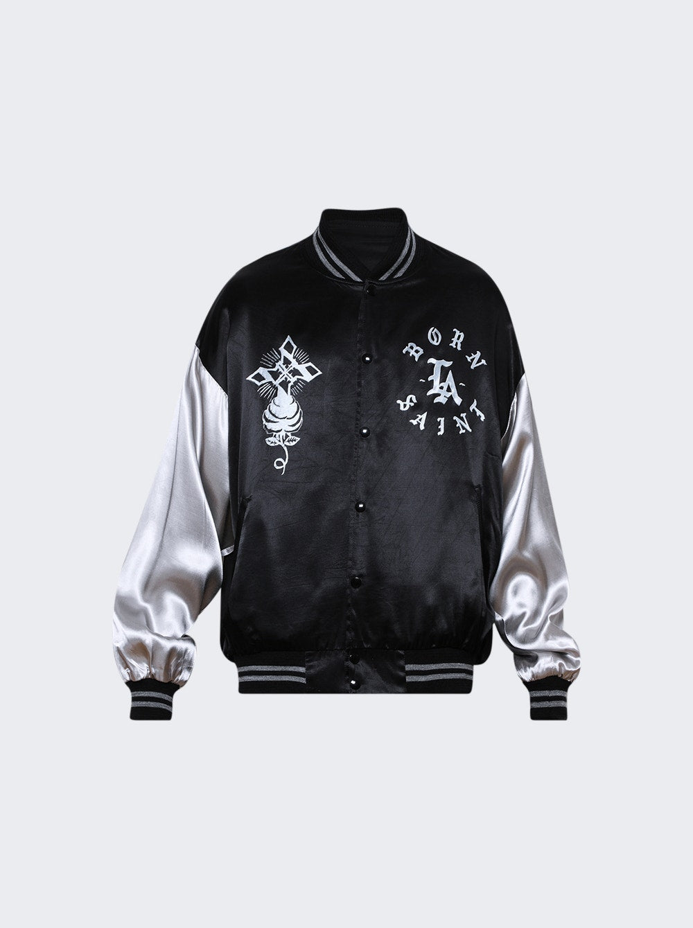 Men | Saint Mxxxxxx X Born X Raised | Satin Varsity Jacket | Black
