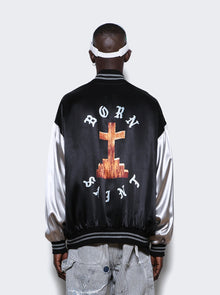 Men | Saint Mxxxxxx X Born X Raised | Satin Varsity Jacket | Black