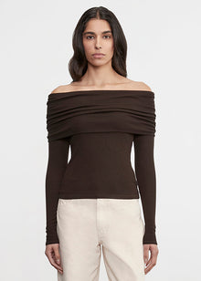 Silk Rib L/S Off-Shoulder Top | Coffee Bean