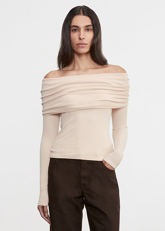 Silk Rib L/S Off-Shoulder Top | Fawn