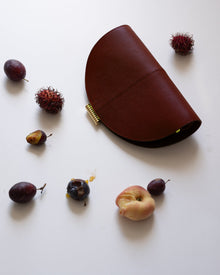 Brown leather pouch with gold zipper surrounded by small fruits on a white background