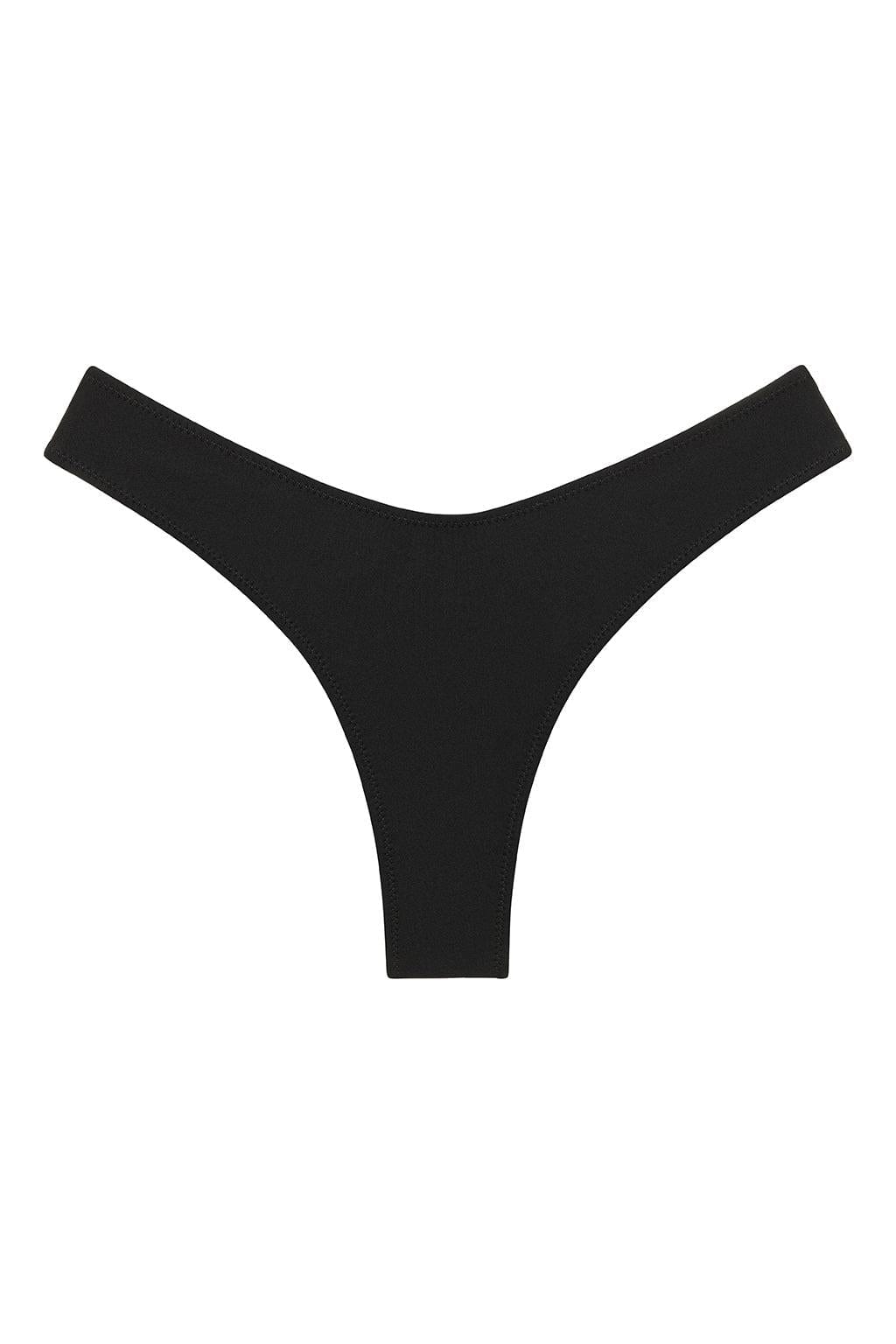 Black bikini bottom with high-leg cut and zig-zag stitch detailing.