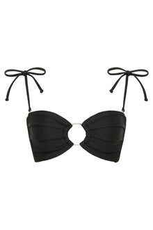Black bandeau bikini top with cutout center and adjustable tie straps with beaded ends.